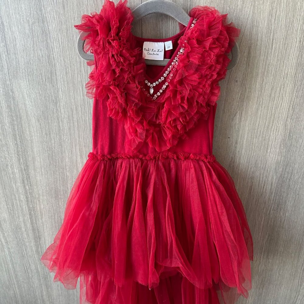 Ooh, La! La! Couture Red Tulle Dress with Embroidered Necklace. Size 4